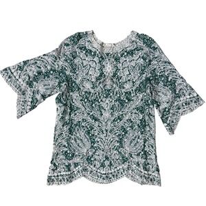 Solitaire Womens Top XL Teal Floral Print Bell Sleeve BOHO embroidered scalloped